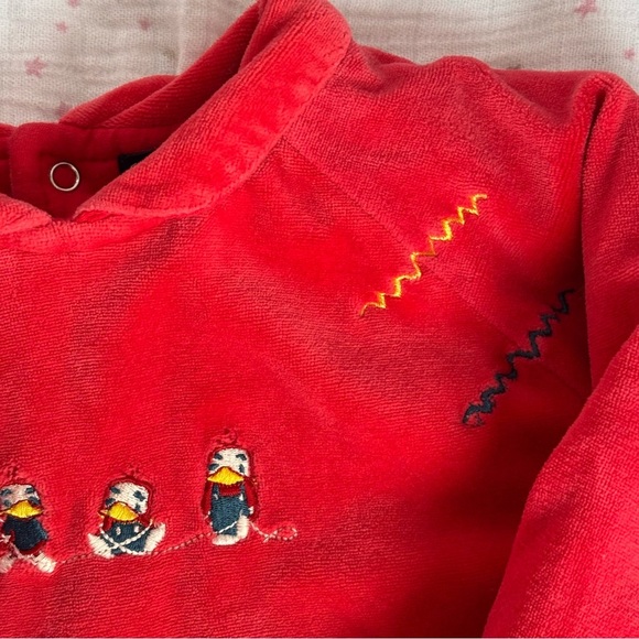 🐣 24M Red Velour Chunky Sweater Embroidered Ducks Collar Pocket Long Sleeve - Picture 6 of 13